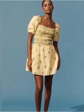 Anthropologie Yellow Smocked Puff-Sleeve Mini Dress with Blue Floral Print